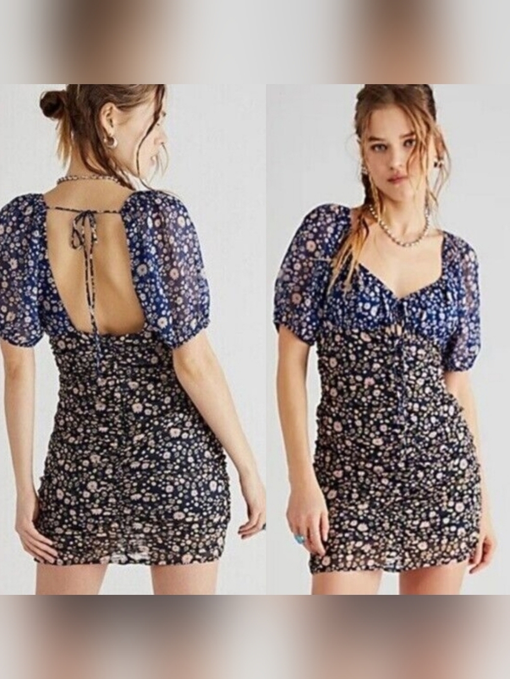 Free People Womens Tessa Floral Ruched Puff-Sleeve Mini Dress M